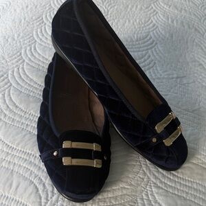 AEROSOLES Navy Quilted Velvet Flats with Gold Buckle